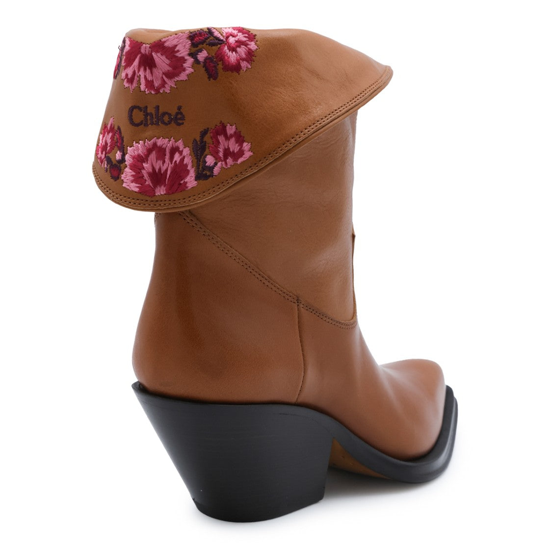 Chloé Brown Embroidered Leather Mid-Ankle Boots