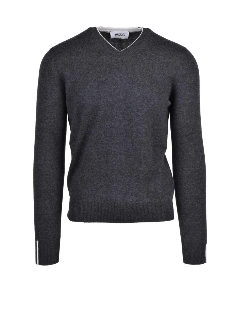Alpha Studio V-Neck Wool Sweater With Ribbed Details
