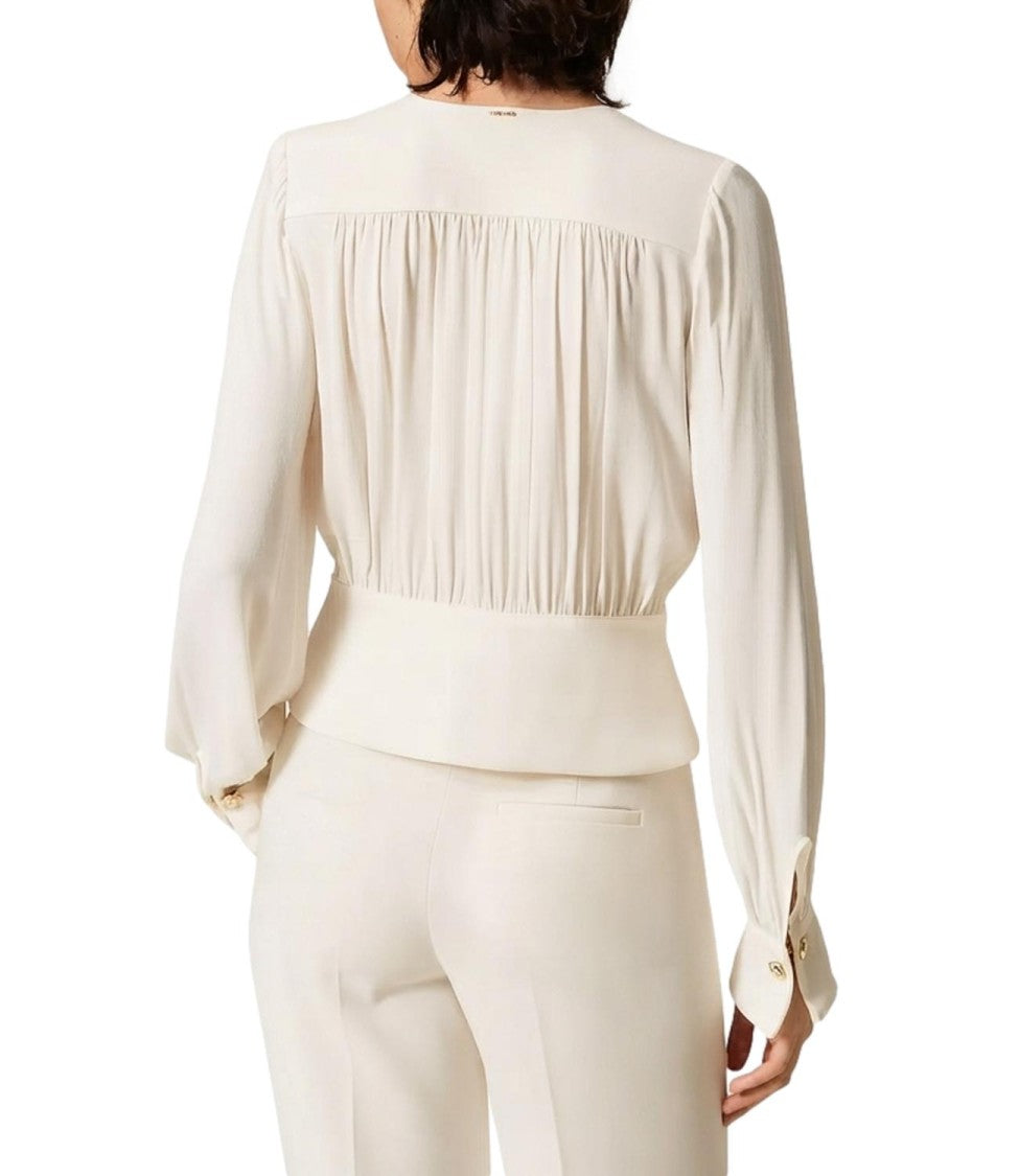 Twin-Set Deep V-Neck Pleated Long-Sleeve Blouse