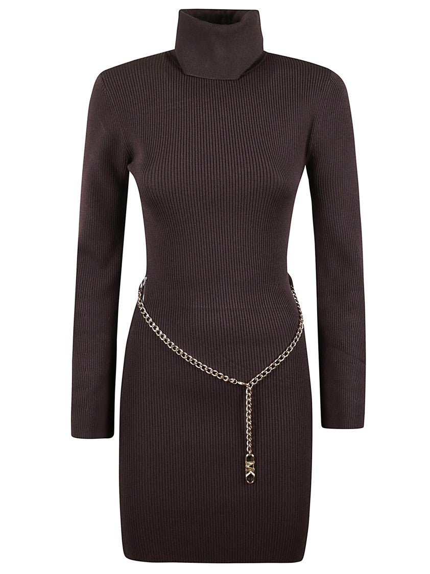 Michael Kors Chocolate Ribbed Jersey Mini Dress With High Neck