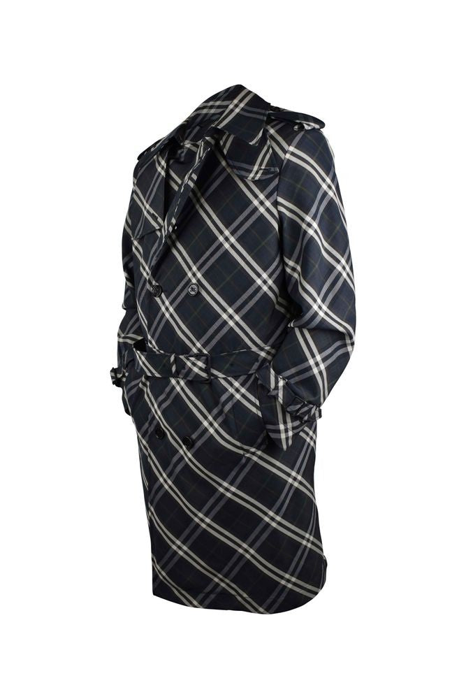 Burberry Indigo Blue Check Pattern Trench Coat