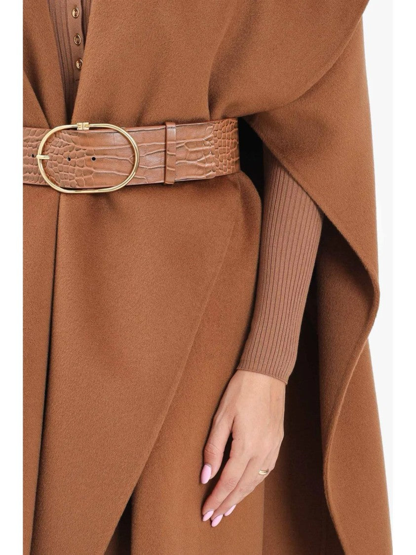 Elisabetta Franchi Belted Beige Wool Cape With Wide Collar And Tailored Design