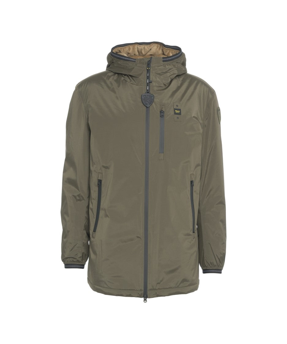 Blauer Hooded Olive Jacket With Two-Way Zipper And Functional Design