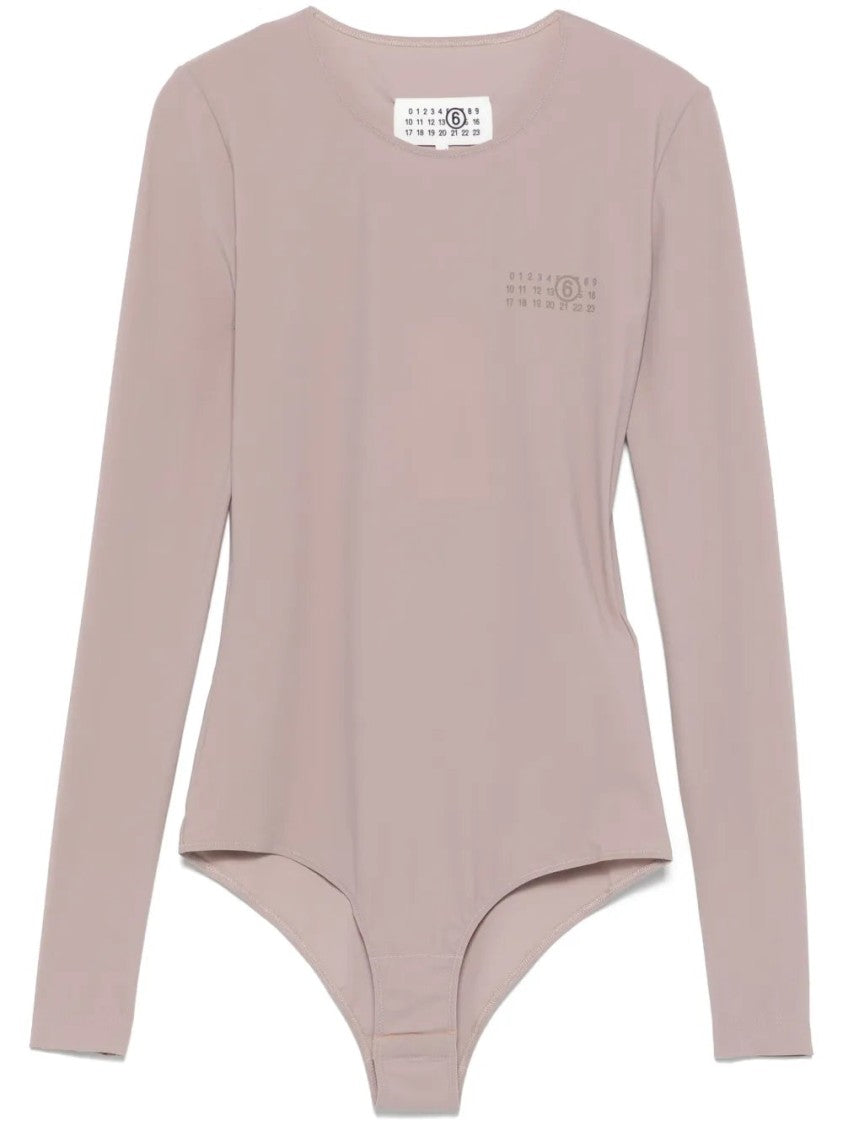 Mm6 By Maison Margiela Long-Sleeved Bodysuit In Taupe Grey With Signature Motif