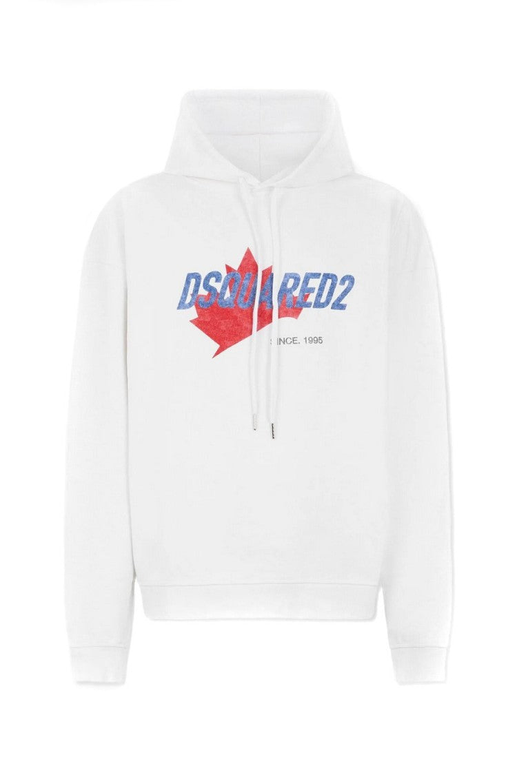 Dsquared2 White Maple Leaf Logo Printed Cotton Hoodie