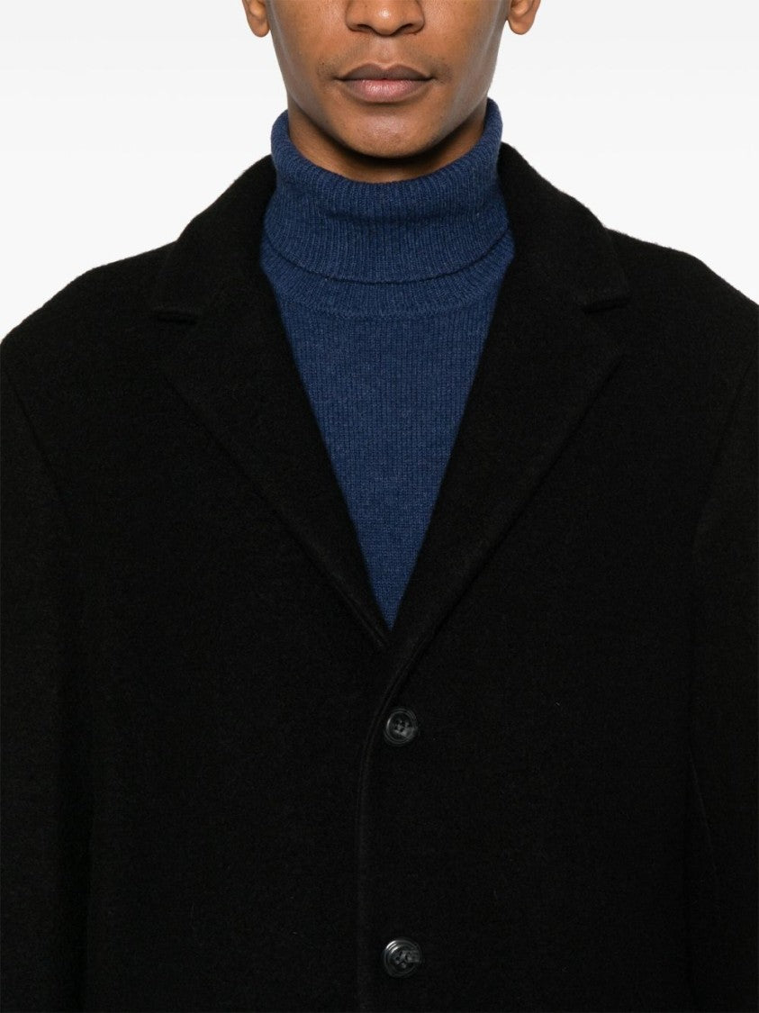 Amish Long Black Tailored Coat With Notched Lapel And Button Closure