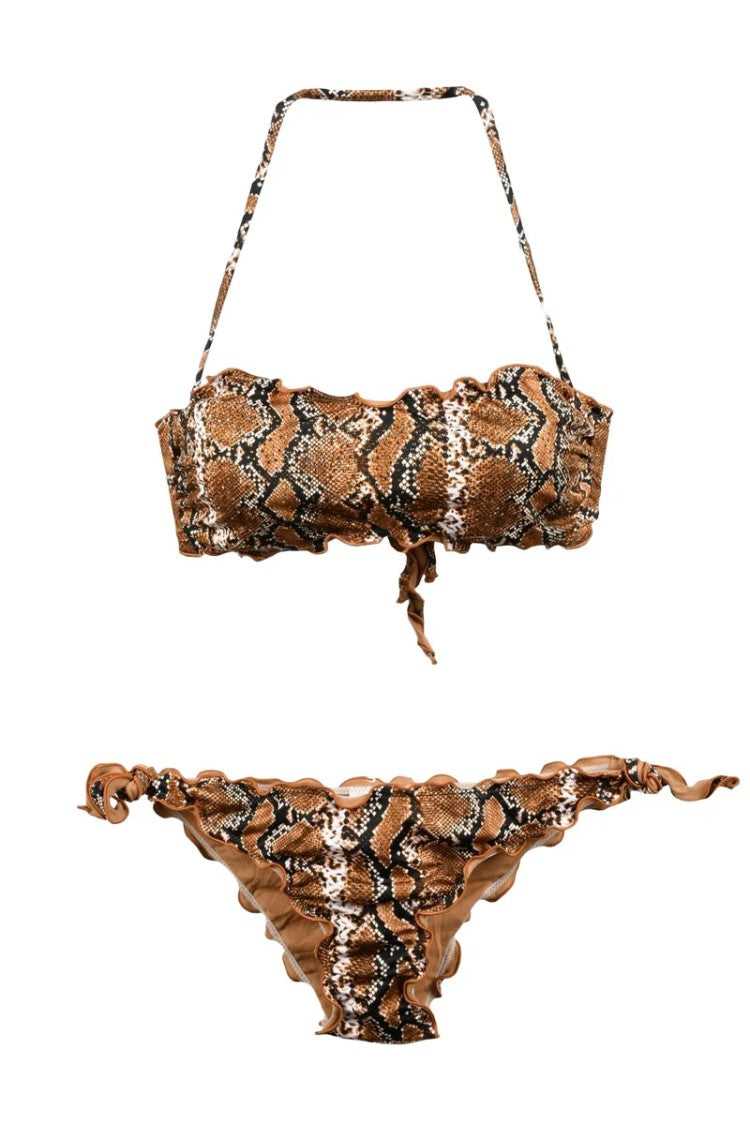 Sunny Bandeau Two-Piece Swimsuit With Snake Print And Ruffled Edges