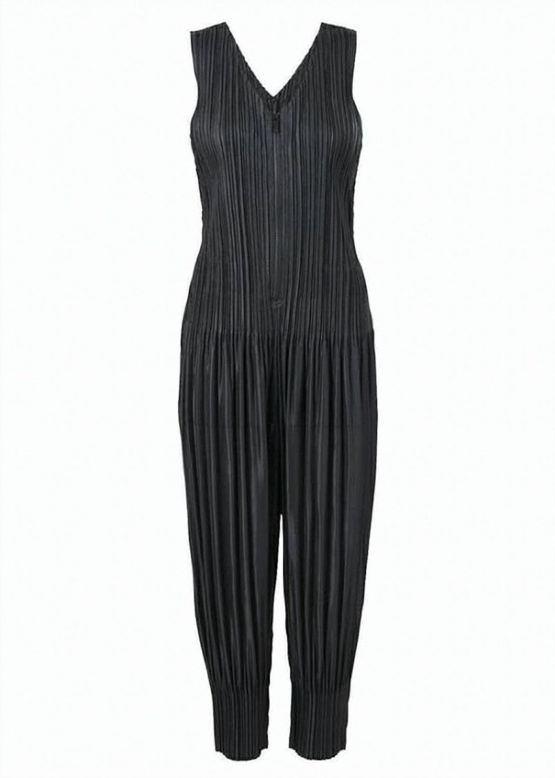 Pleats Please Structured Pleated Jumpsuit With Deep V-Neckline