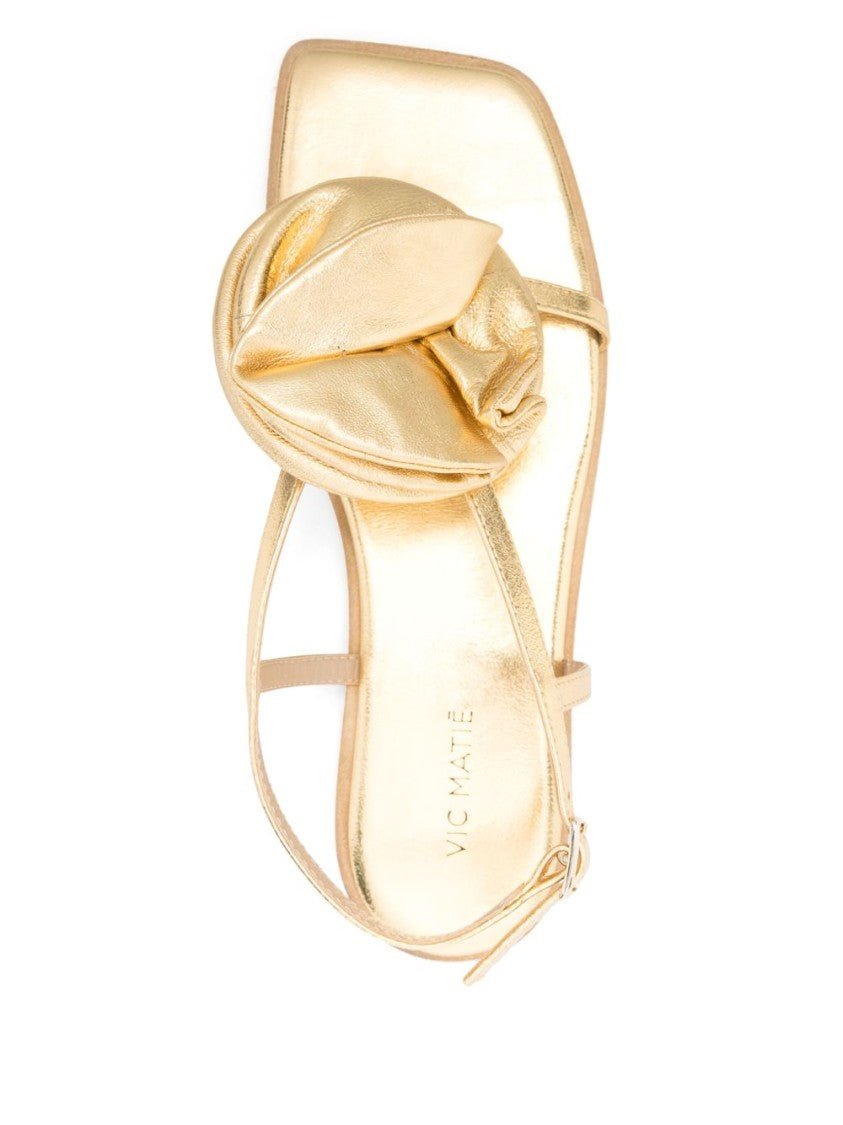 Vic Matié Gold-Tone Floral Appliqué Buckle Flat Sandals
