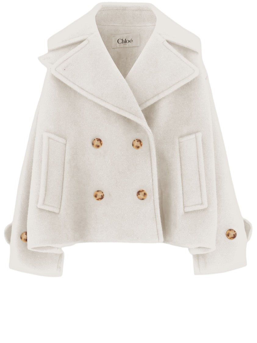 Chloé Short Ivory Coat With Notched Lapel And Double-Breasted Closure