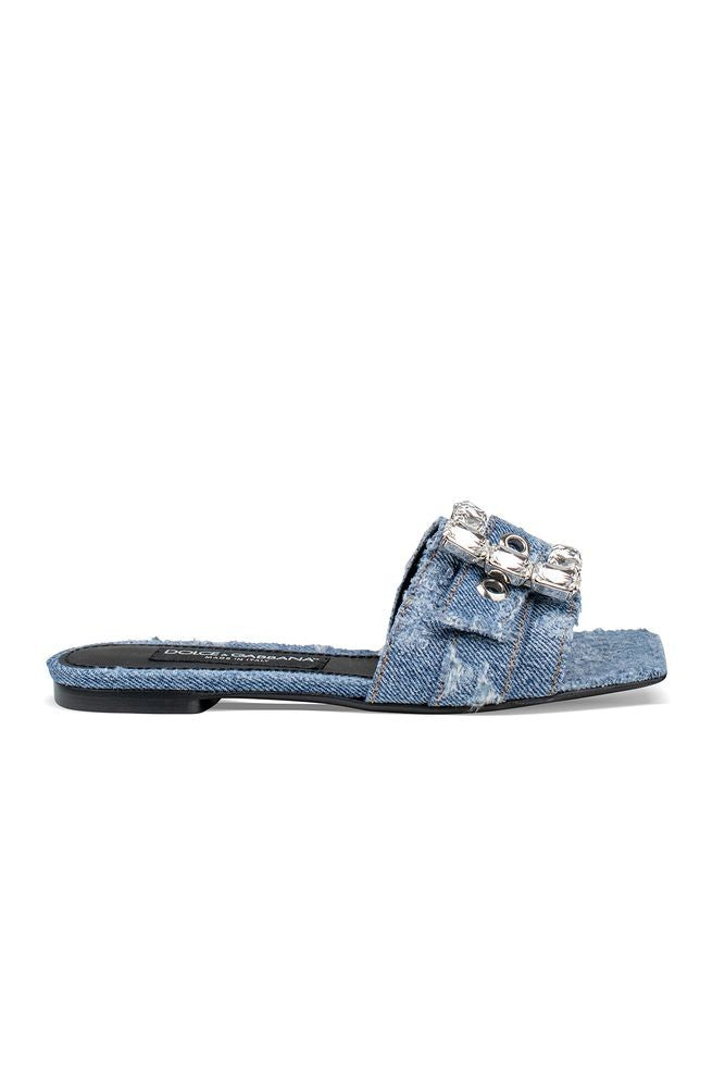 Dolce & Gabbana Blue Denim Sandals With Rhinestone Buckle