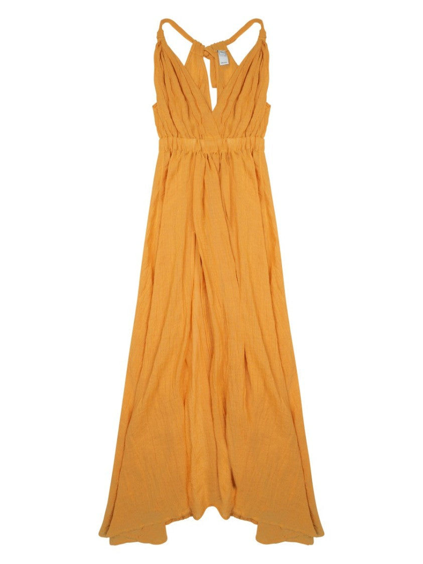 120% Lino Sleeveless Midi Dress With Gathered Waist And V-Neckline