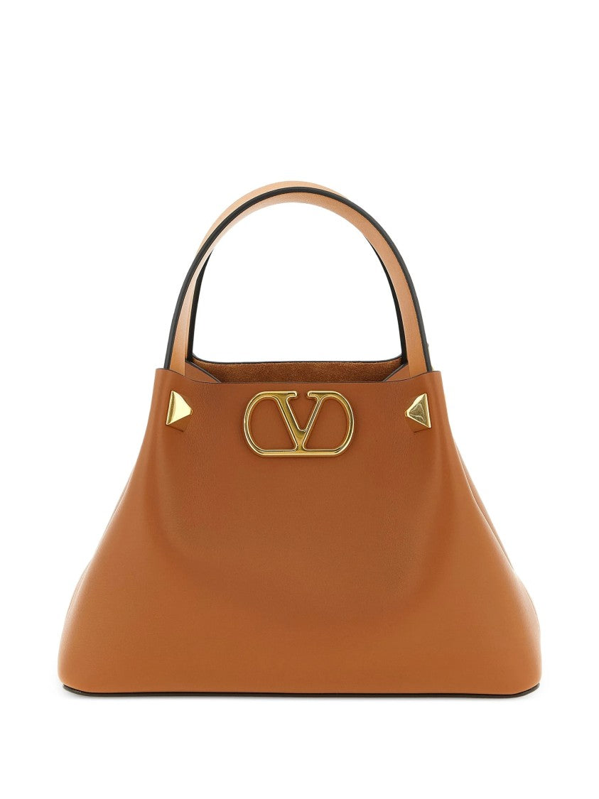 Valentino Structured Tan Leather Tote With Gold-Tone Accents