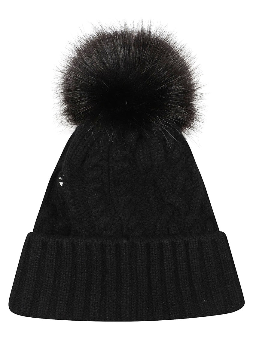 Moncler Faux Fur Pom-Pom Cable Knit Beanie Hat