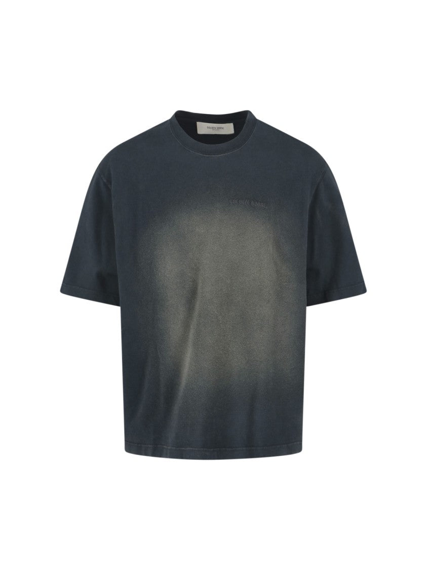 Golden Goose Worn-Finish Black Cotton T-Shirt With Ribbed Trims