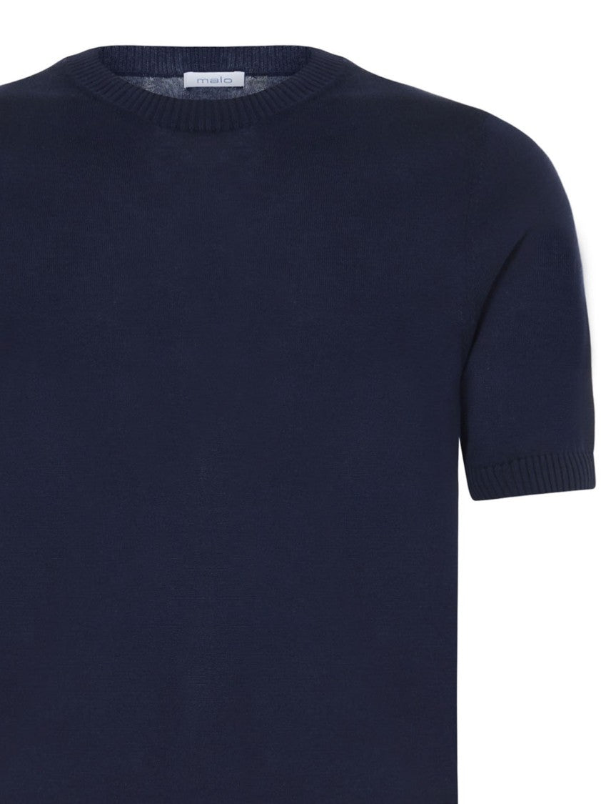 Malo Cotton Knit Short-Sleeved Sweater With Ribbed Trims