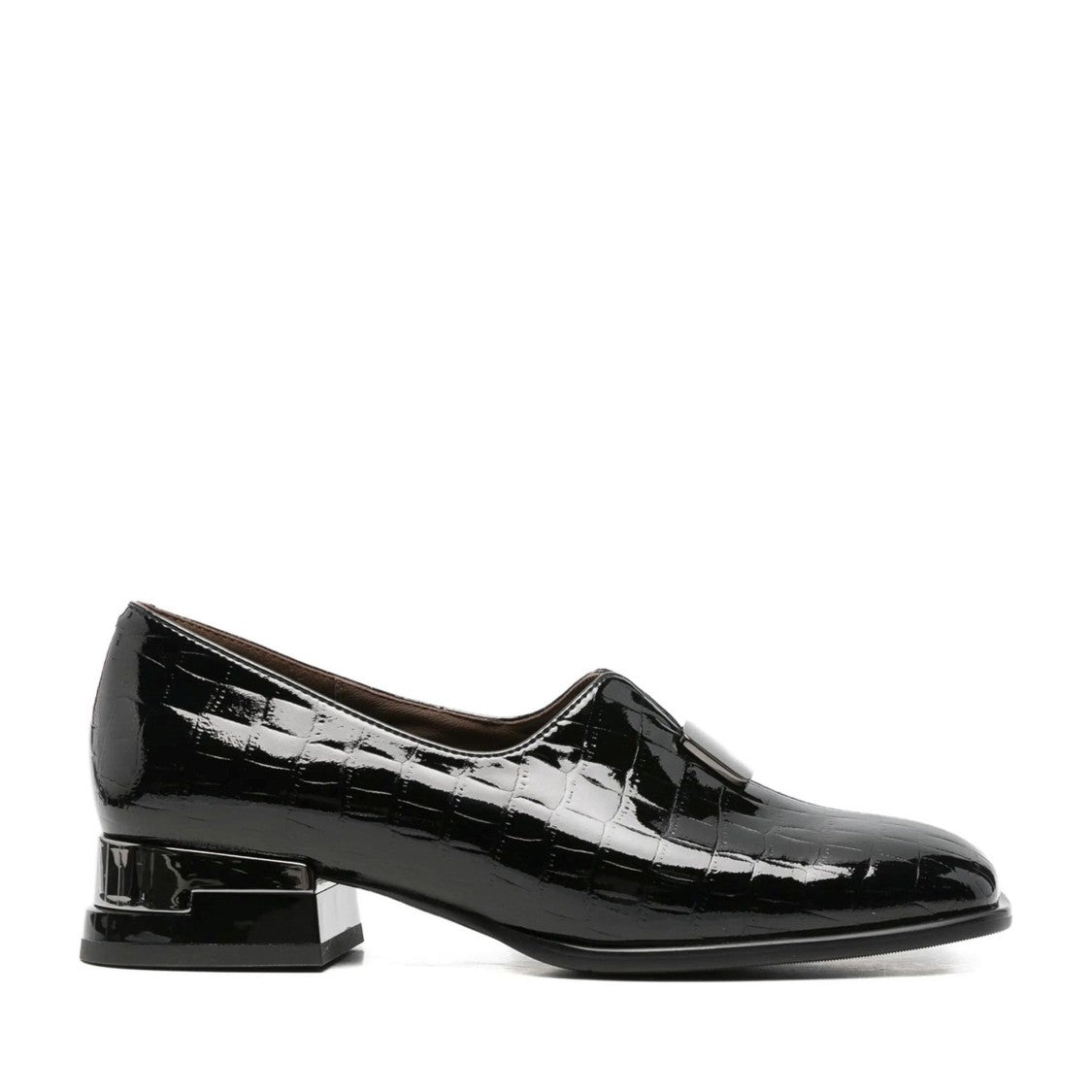 Linda Baumann Black Crocodile Pattern Glossy Patent Leather Low-Heeled Loafers