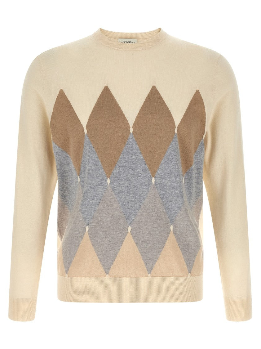 Ballantyne Cashmere And Cotton Blend Argyle Sweater With Ribbed Hem