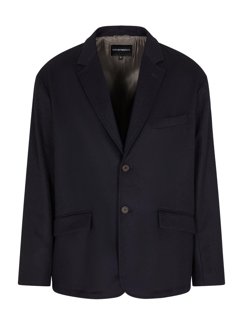 Emporio Armani Navy Blue Wool-Cashmere Blend Loose-Fit Blazer