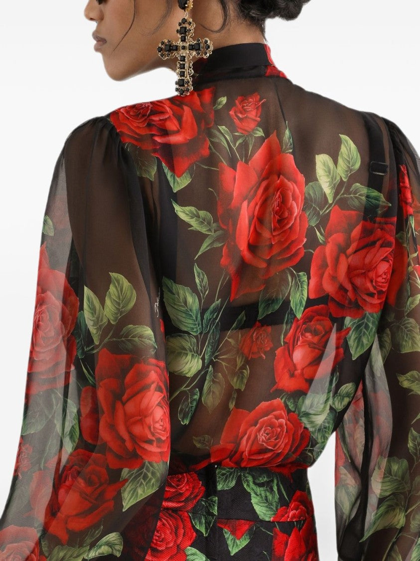 Dolce & Gabbana Puffed Sleeve Rose Print Bow Detail Sheer Blouse