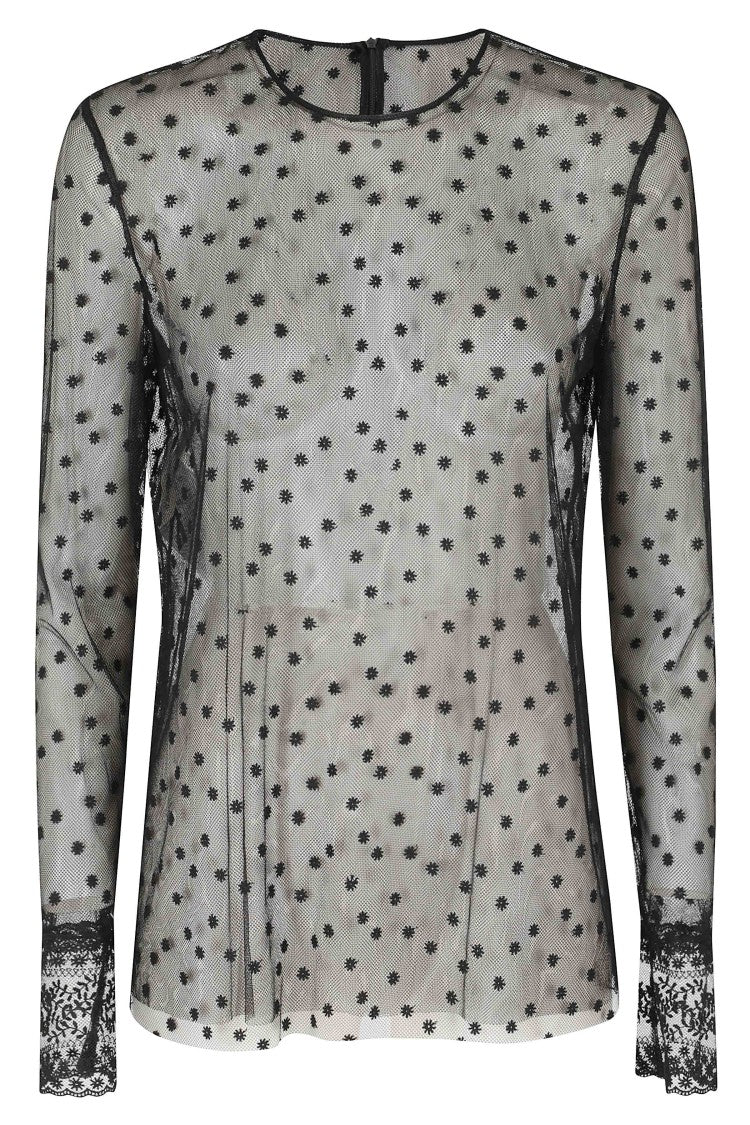 Alberta Ferretti Black Sheer Embroidered Floral Round Neck Polyester Blouse