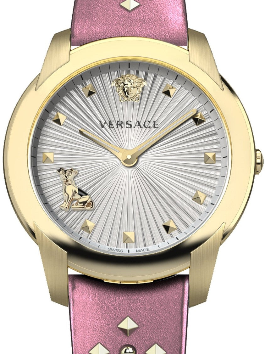 Versace Gold-Tone Stainless Steel Women's Analog Quartz Watch With Pink Calf Leather Strap