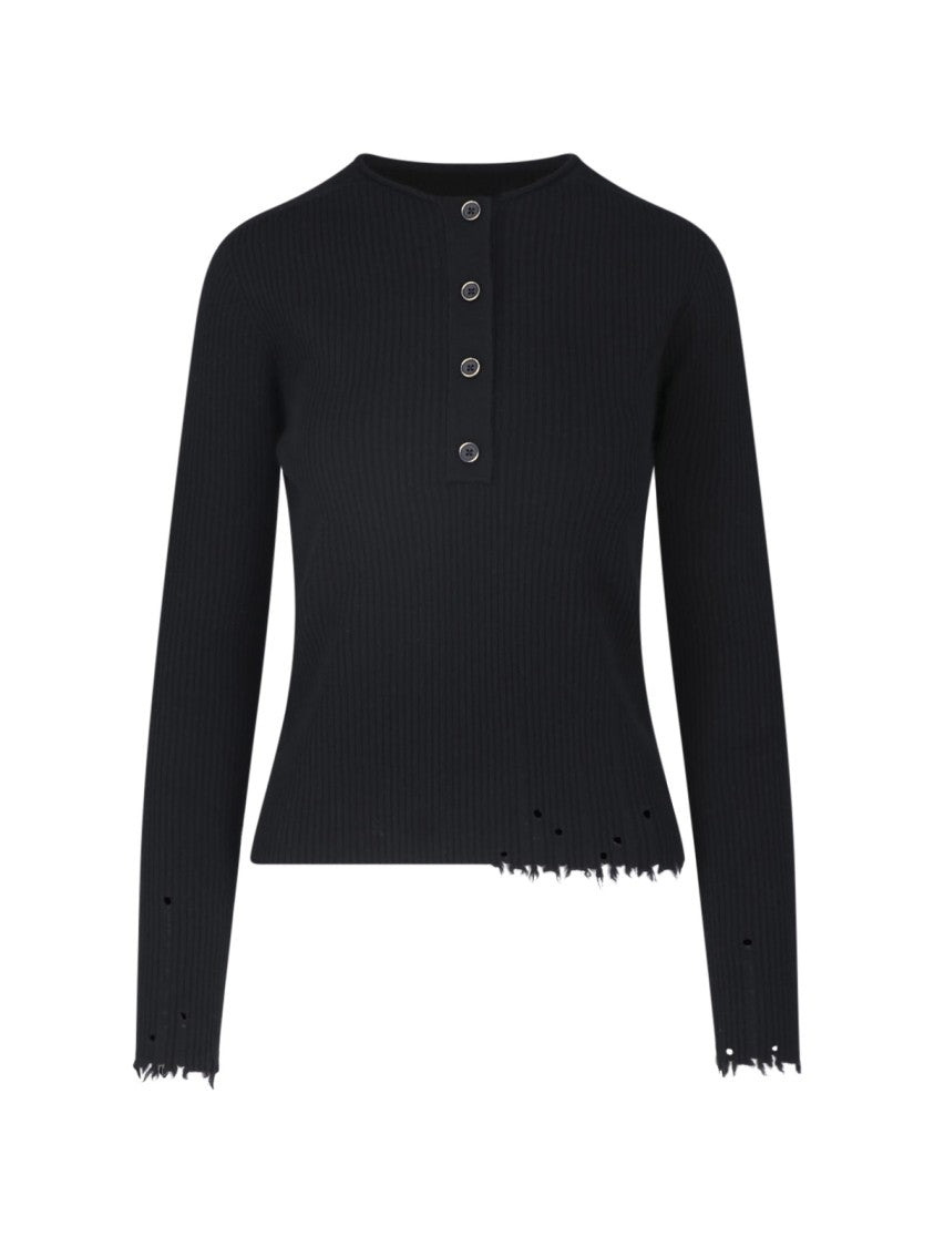 Uma Wang Ribbed Cashmere Sweater With Button-Up Front And Distressed Finish