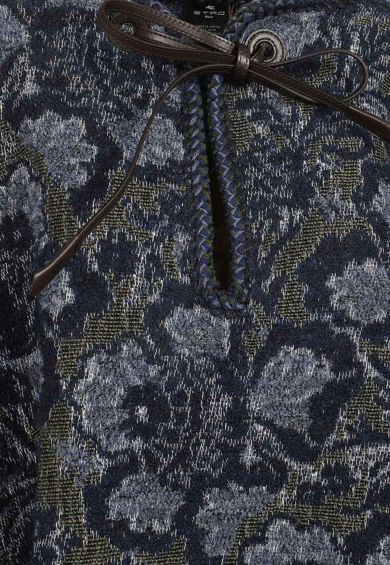 Etro Floral Jacquard Cape With Leather String Tie And Textured Weave