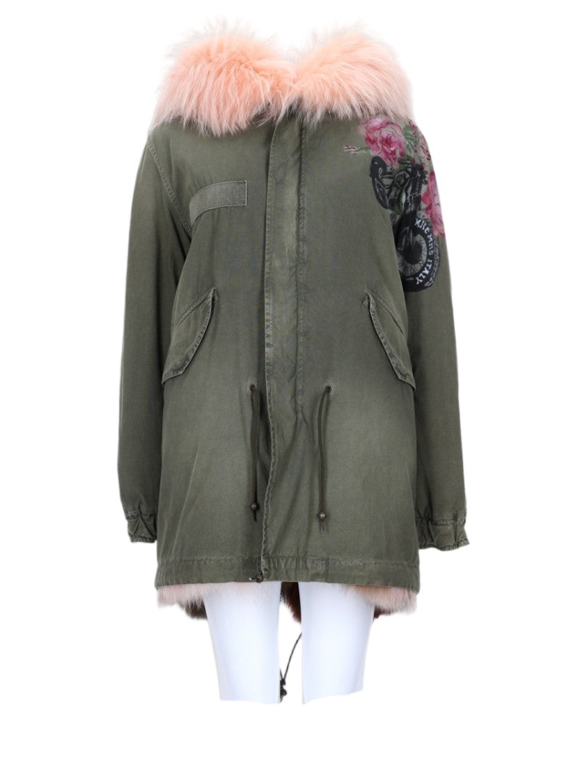 Mr & Mrs Italy Classic Military Green Cotton Parka With Fluffy Pink Fur Collar