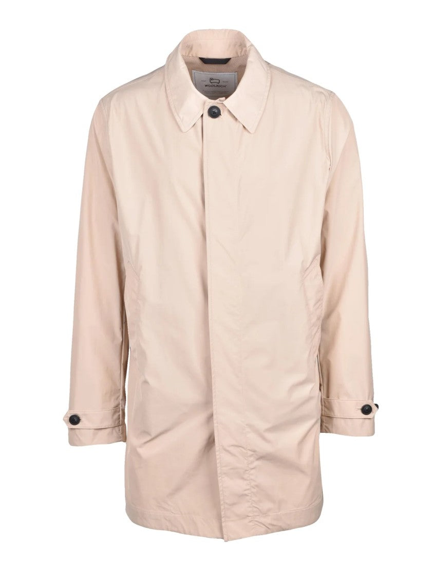 Woolrich Beige Polyester Overcoat With Classic Collar And Button Fastening