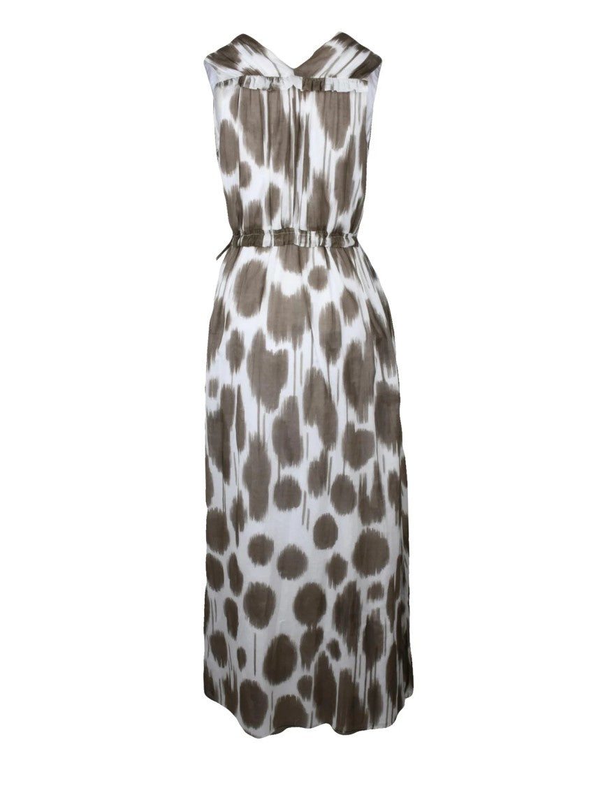 Peserico White/Dove Abstract Pattern Drawstring Cotton Maxi Dress