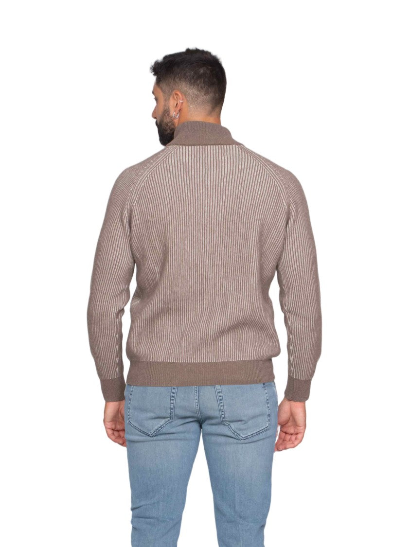 Ballantyne Brown Ribbed Zip-Up Cardigan With High Collar And Fitted Cuffs