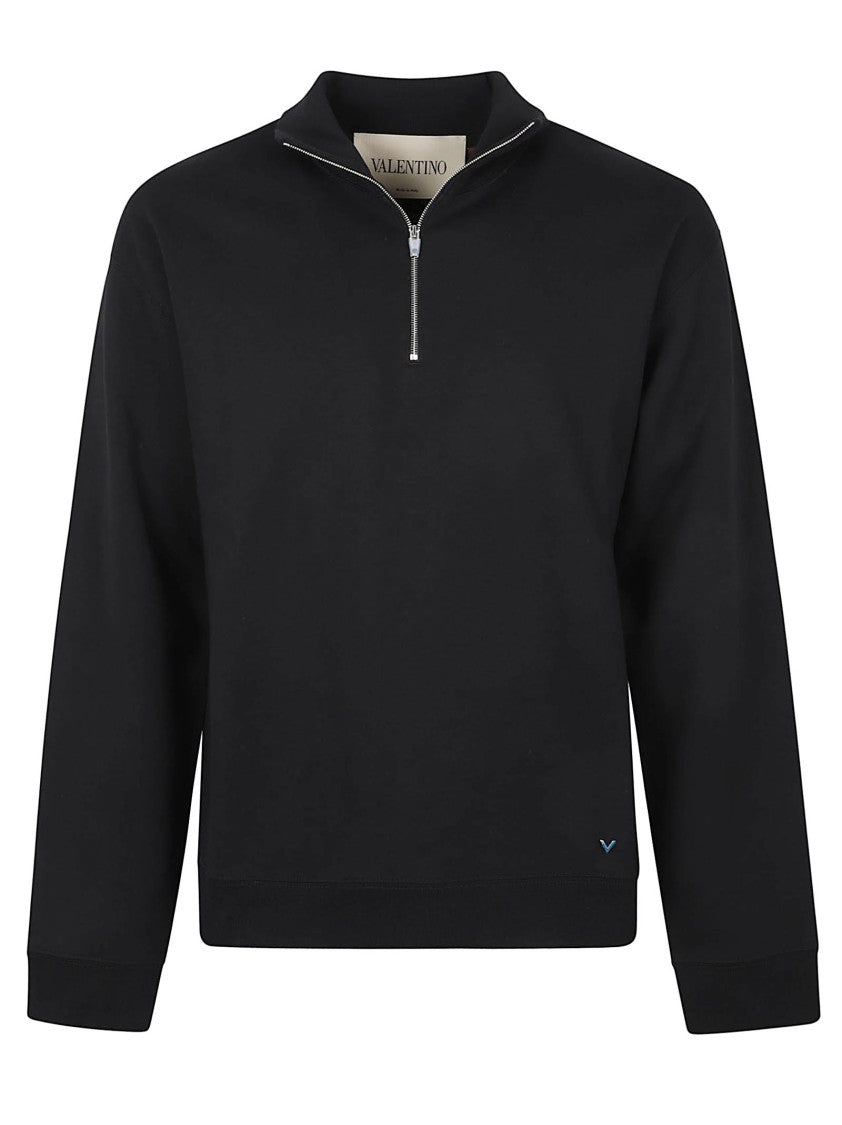 Valentino Garavani Half-Zip Black Sweater With High Collar And Ribbed Details