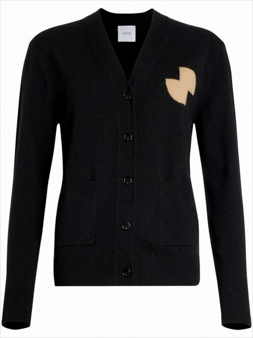 Patou Relaxed Black V-Neck Cardigan With Contrasting Chest Patch