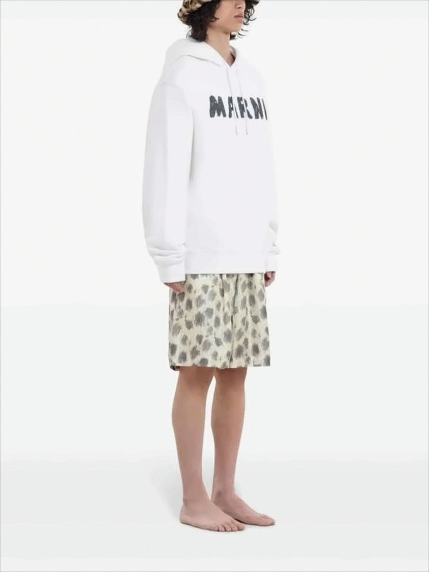 Marni Relaxed Fit White Cotton Hoodie With Textured Logo Print