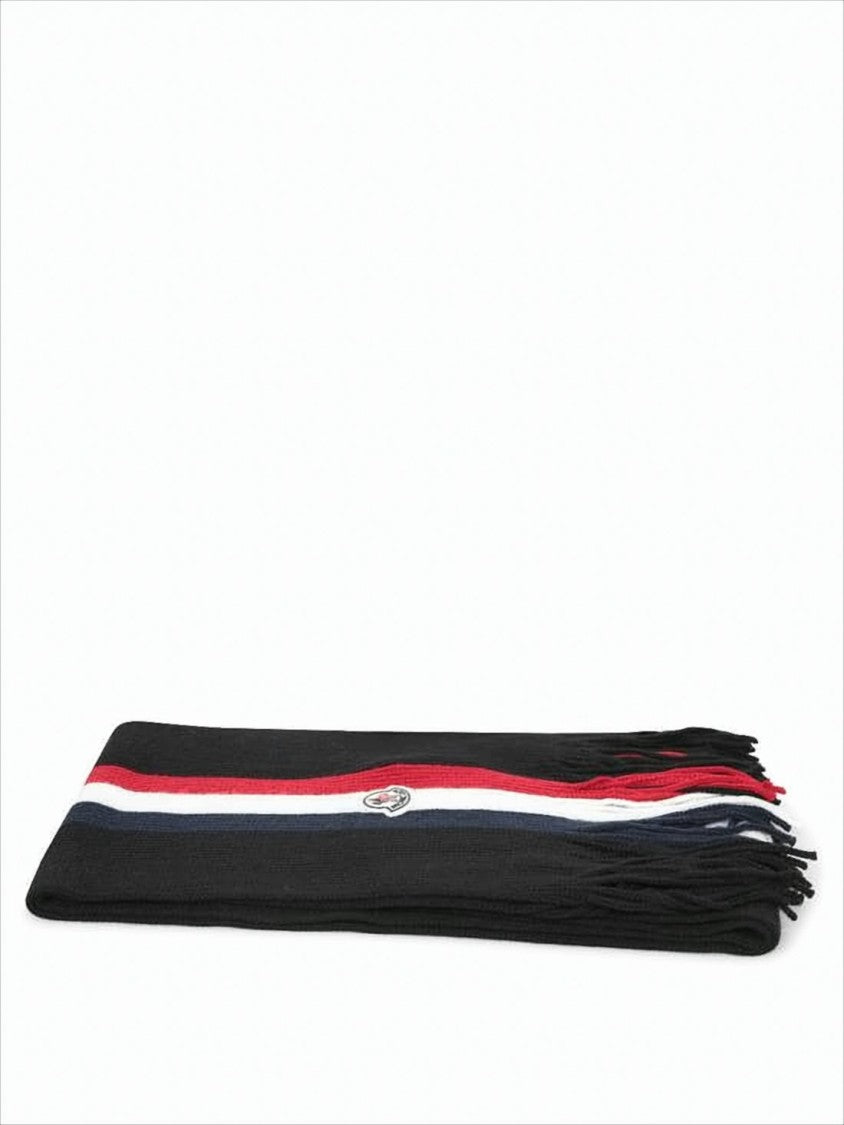 Moncler Ribbed Knit Wool Scarf With Logo Patch