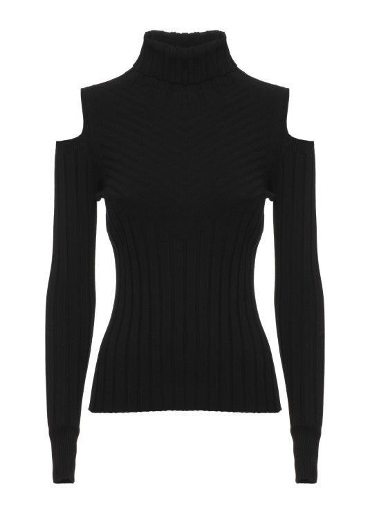 D. Exterior Black Cut-Out Ribbed Viscose Turtleneck Sweater