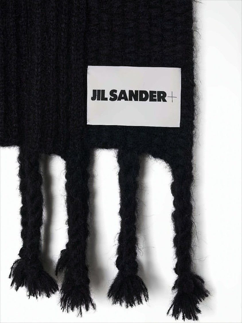 Jil Sander Textured Knit Black Scarf With Twisted Fringes