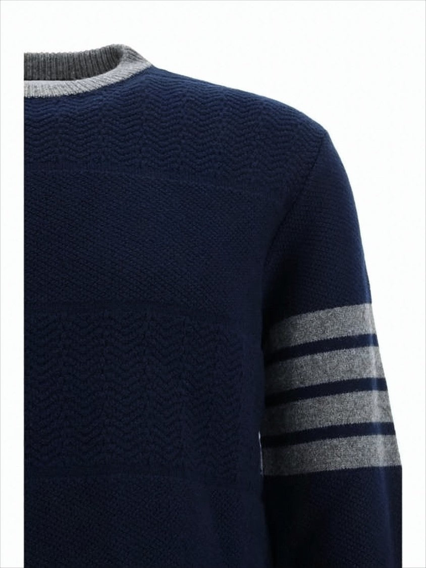 Thom Browne Textured Knit Navy Wool Sweater With Striped Sleeve And Button Detail