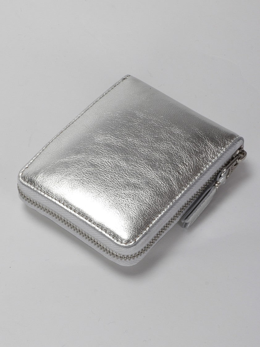 Comme Des Garçons Zip-Around Silver Wallet In Smooth Metallic Leather
