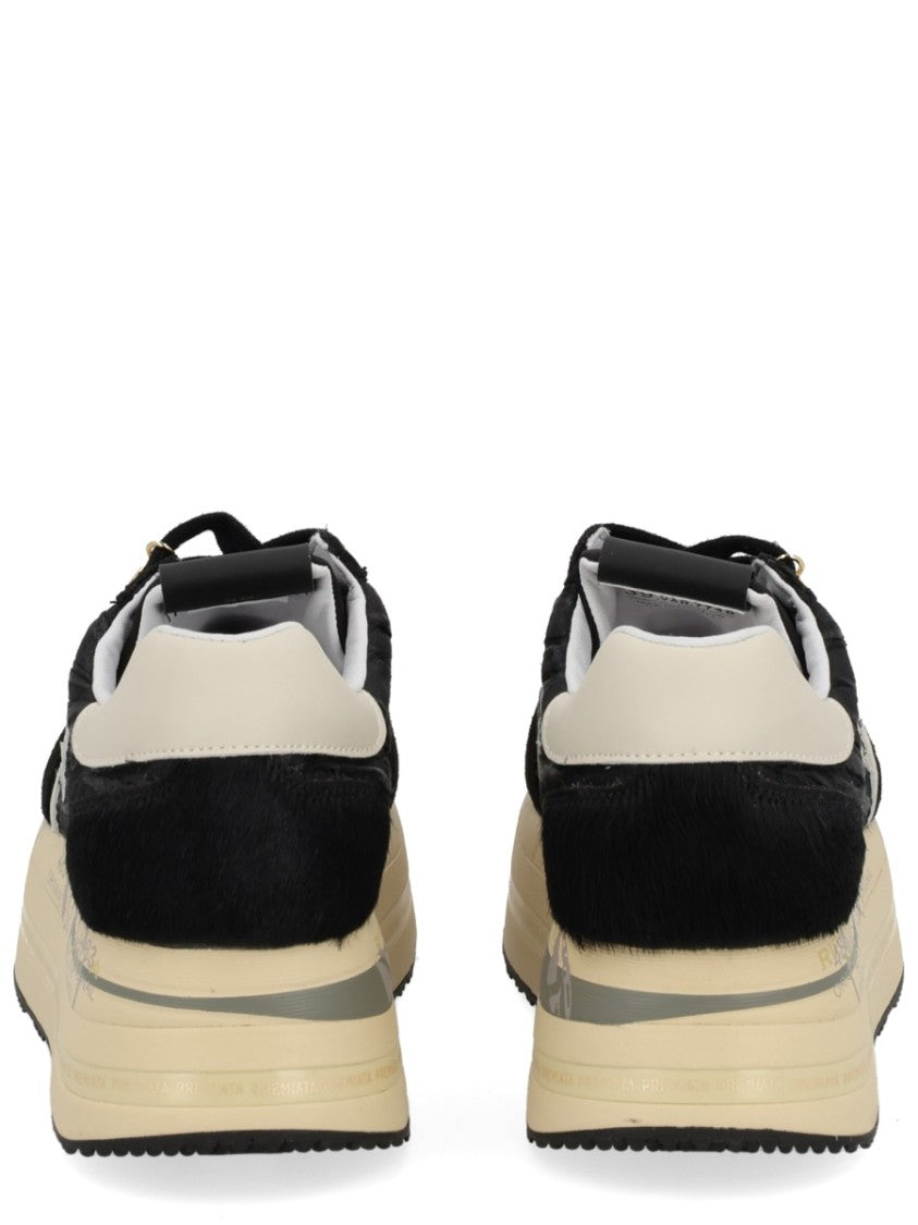 Premiata Chunky Black Leather Sneakers With Cream Sole And Gold Charm