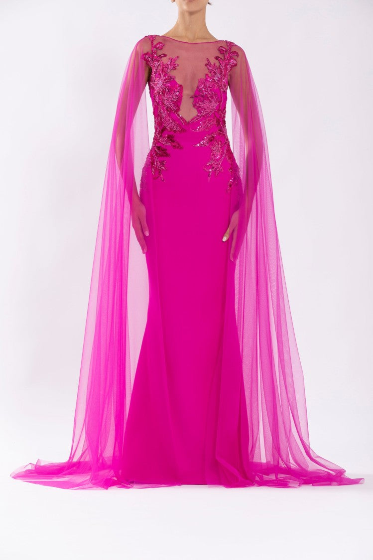 Saiid Kobeisy Crepe Mermaid Dress With Beading And Tulle Long Sleeves