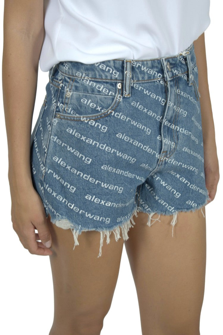 Alexander Wang Blue Logo-Print Frayed Hem Denim Shorts