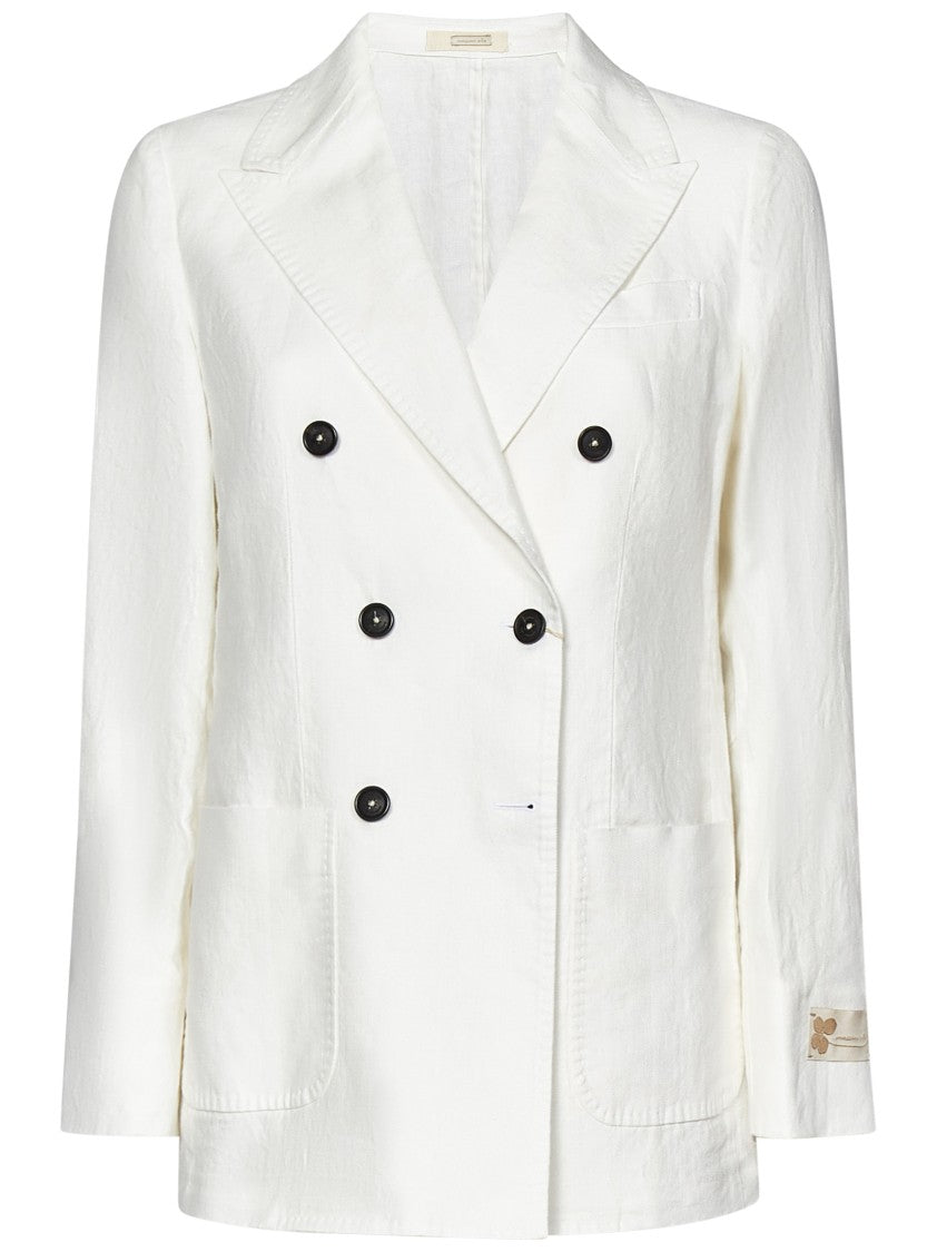 Massimo Alba Cream Herringbone Linen Double-Breasted Blazer