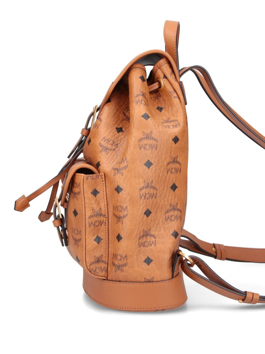 Mcm Small Brown Visetos Backpack With Leather Accents