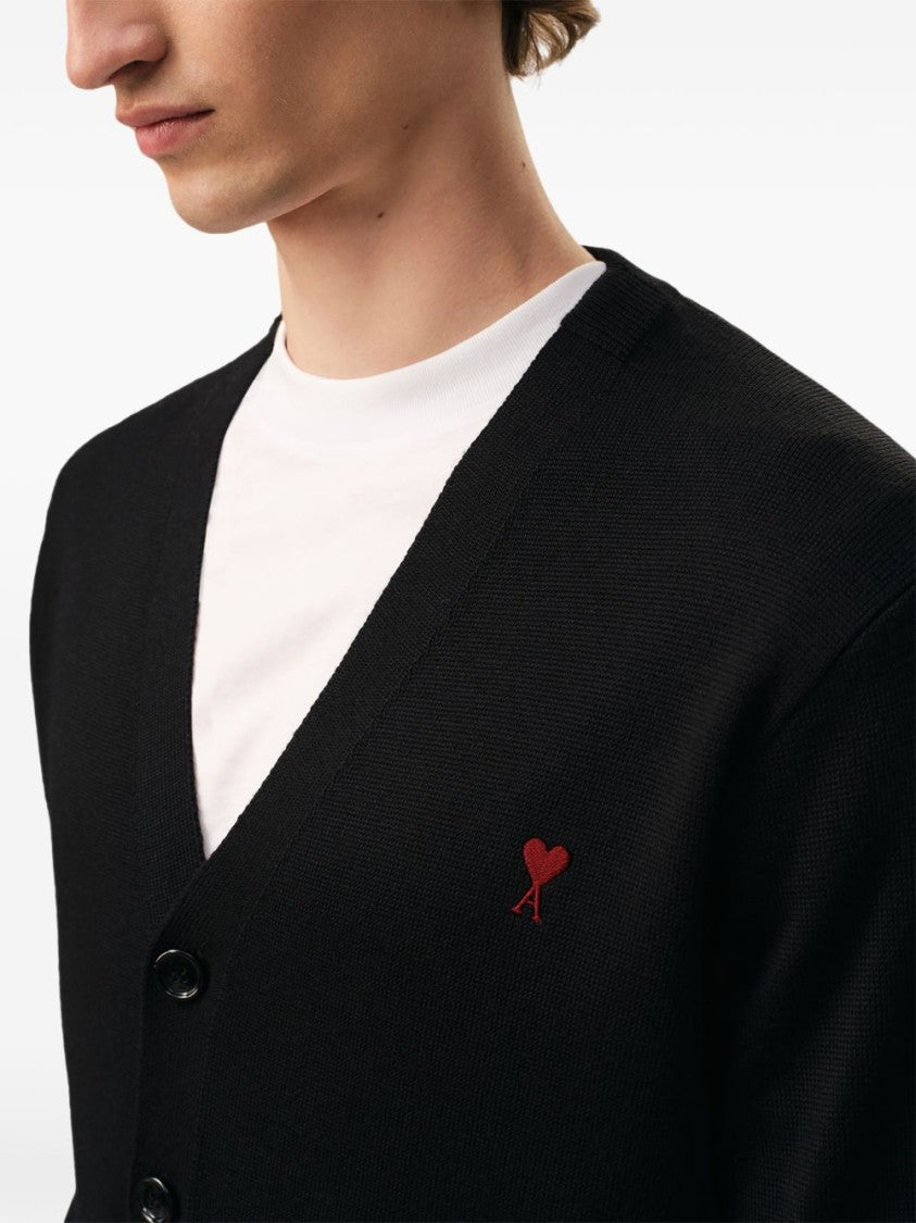 Ami Paris Cropped Black V-Neck Cardigan With Button-Down Front