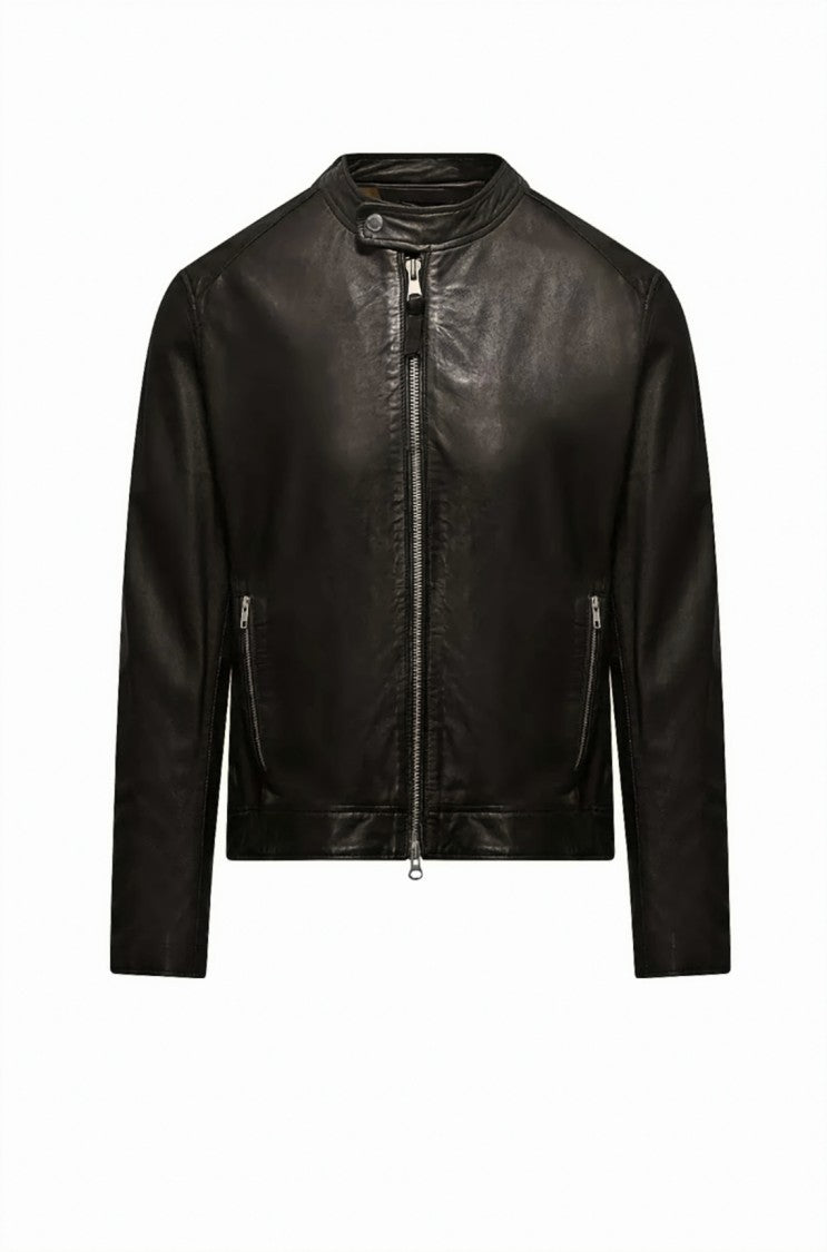 Bomboogie Biker Lambskin Nappa Stand Collar Leather Jacket