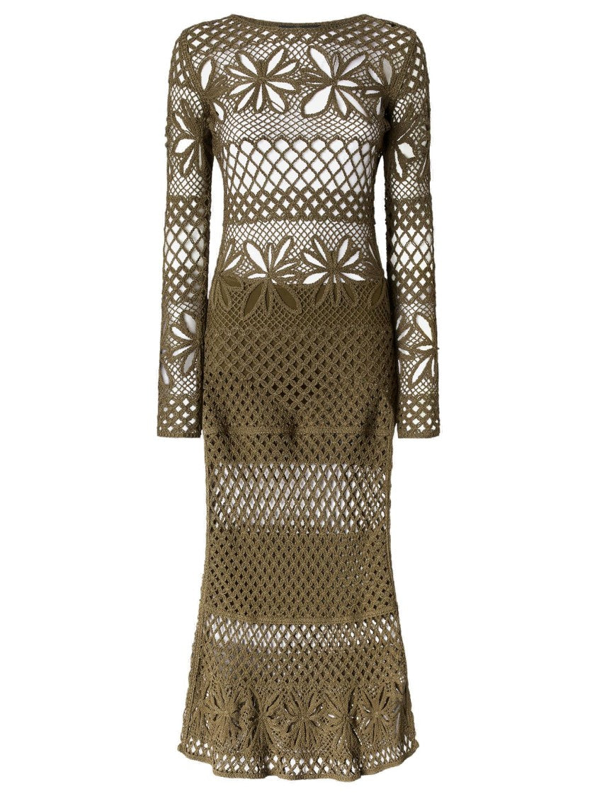 Pinko Long Open-Work Crochet Dress With Diamond And Floral Patterns