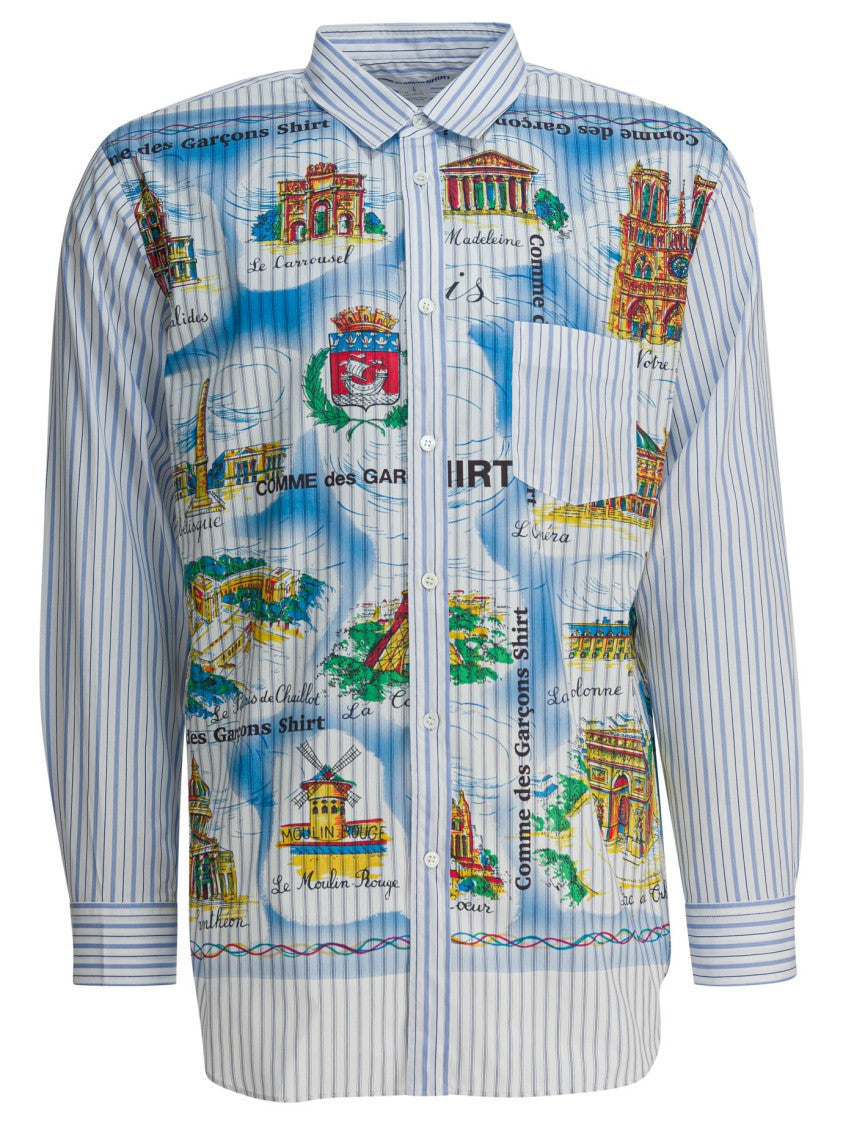 Comme Des Garçons Light Blue Striped Shirt With Paris Landmark Print