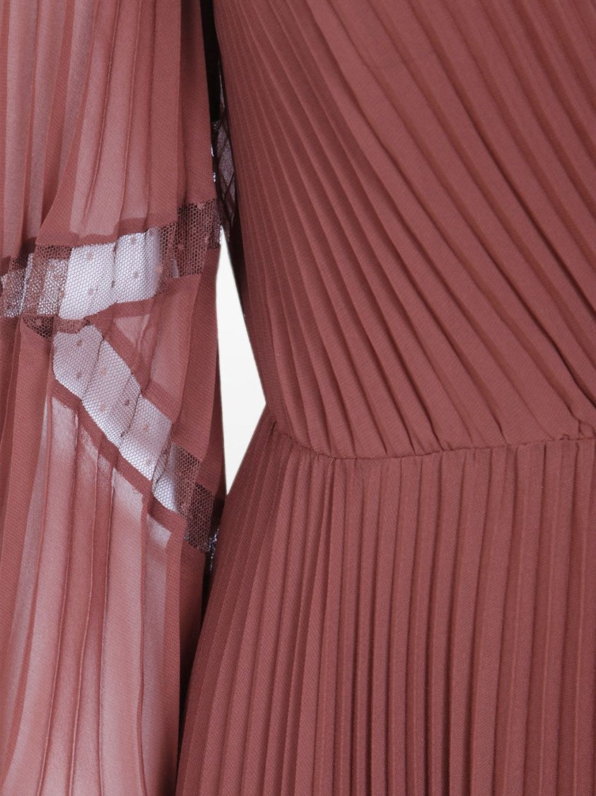 Twin-Set Pleated Wrap Sheer Sleeves Ruffle Hemline Midi Dress